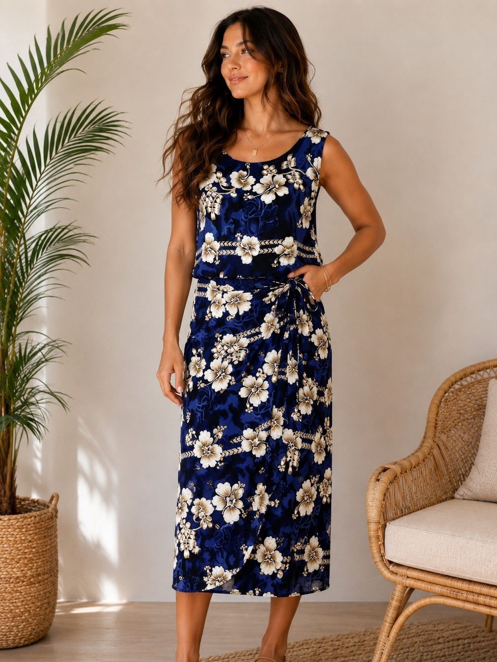 Vintage Hibiscus Collection Hawaii Blue Floral Rayon 2 Piece Wrap Skirt Set